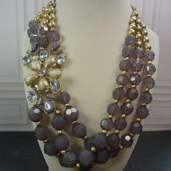 VTG Inspired 3 Strand Statement Necklace with Large 3D Offset Sparkling Flower - Picture 3 of 9